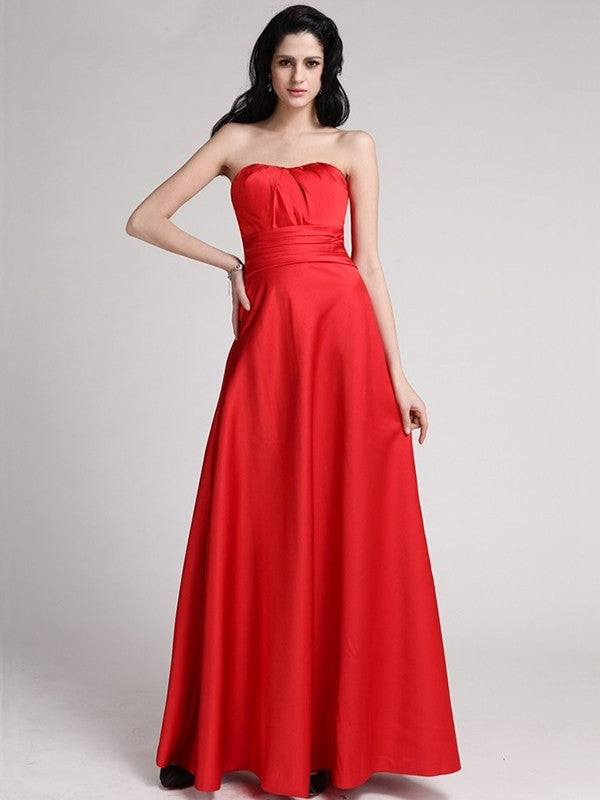 A-Line/Princess Strapless Sleeveless Pleats Long Elastic Woven Satin Bridesmaid Dresses DEP0005835