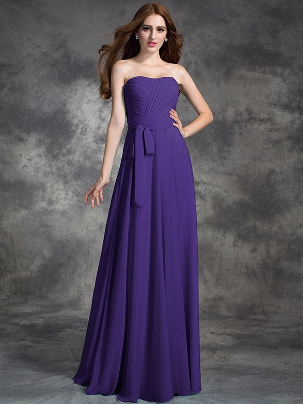 A-line/Princess Strapless Ruched Sleeveless Long Chiffon Bridesmaid Dresses DEP0005797