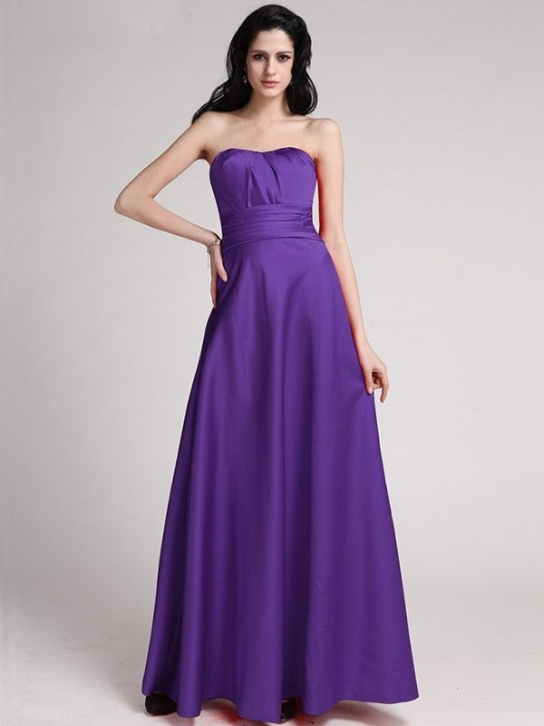 A-Line/Princess Strapless Sleeveless Pleats Long Elastic Woven Satin Bridesmaid Dresses DEP0005835