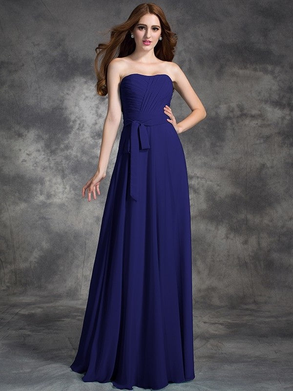 A-line/Princess Strapless Ruched Sleeveless Long Chiffon Bridesmaid Dresses DEP0005797