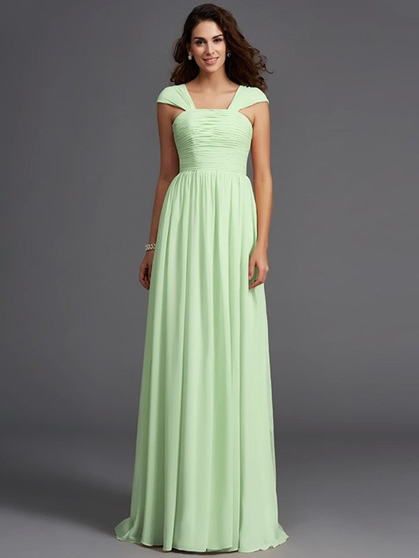 A-Line/Princess Straps Ruffles Sleeveless Long Chiffon Bridesmaid Dresses DEP0005470