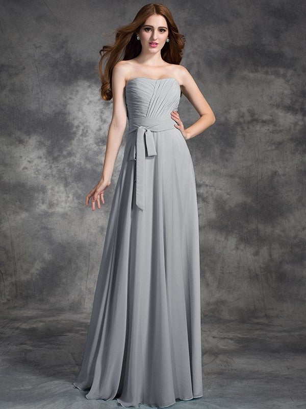 A-line/Princess Strapless Ruched Sleeveless Long Chiffon Bridesmaid Dresses DEP0005797