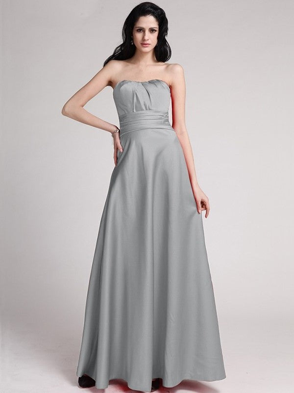 A-Line/Princess Strapless Sleeveless Pleats Long Elastic Woven Satin Bridesmaid Dresses DEP0005835