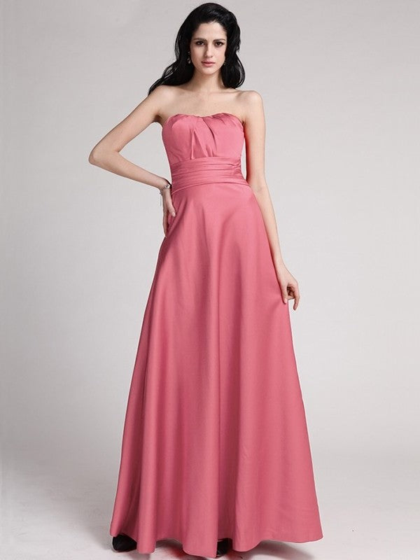 A-Line/Princess Strapless Sleeveless Pleats Long Elastic Woven Satin Bridesmaid Dresses DEP0005835