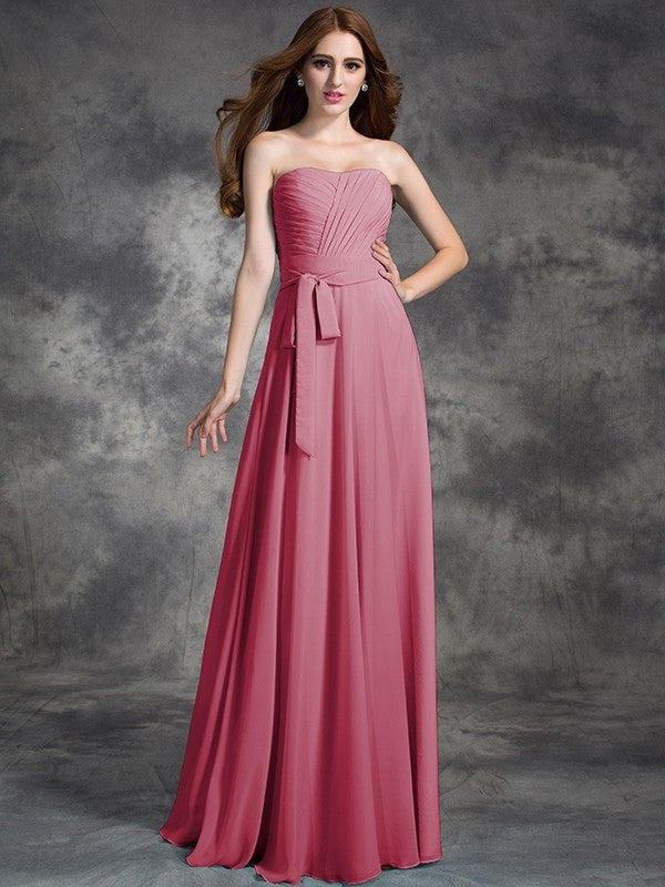 A-line/Princess Strapless Ruched Sleeveless Long Chiffon Bridesmaid Dresses DEP0005797