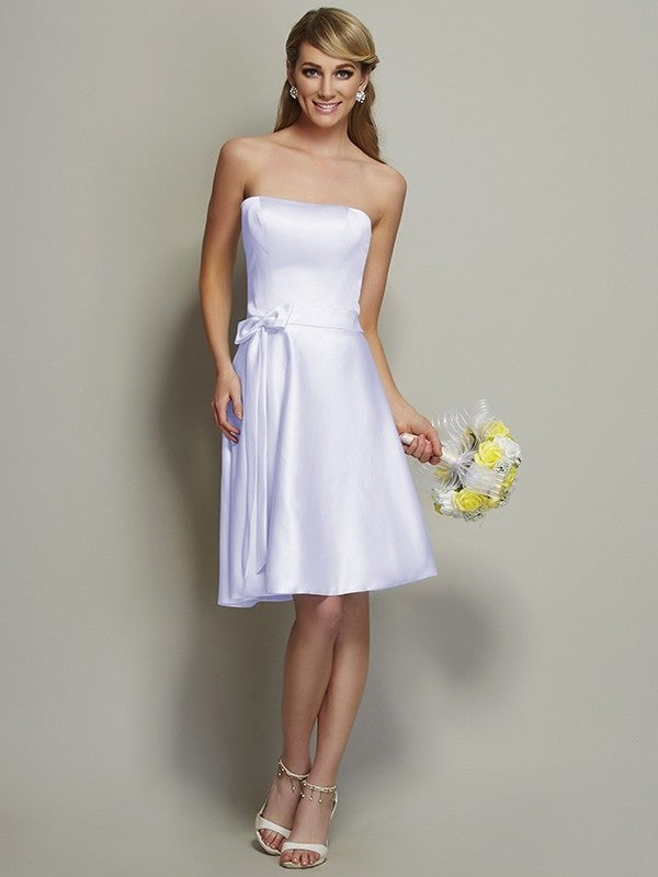 A-Line/Princess Strapless Sleeveless Bowknot Short Satin Bridesmaid Dresses DEP0005863