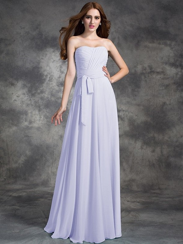 A-line/Princess Strapless Ruched Sleeveless Long Chiffon Bridesmaid Dresses DEP0005797