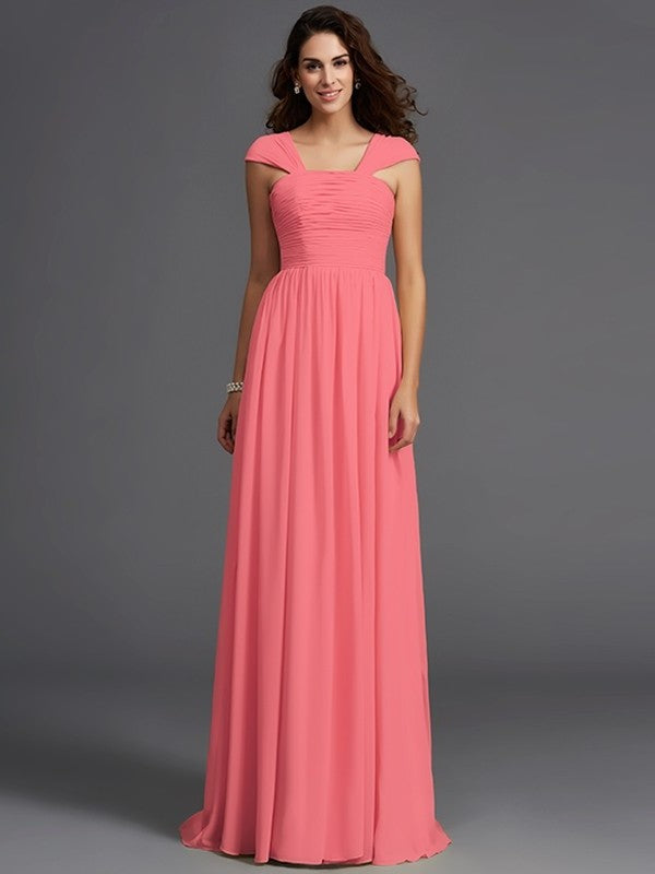 A-Line/Princess Straps Ruffles Sleeveless Long Chiffon Bridesmaid Dresses DEP0005470