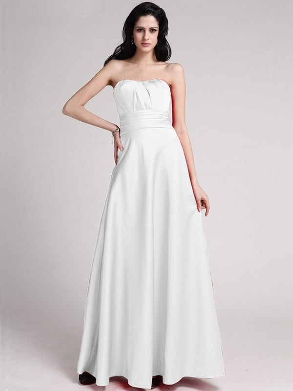 A-Line/Princess Strapless Sleeveless Pleats Long Elastic Woven Satin Bridesmaid Dresses DEP0005835