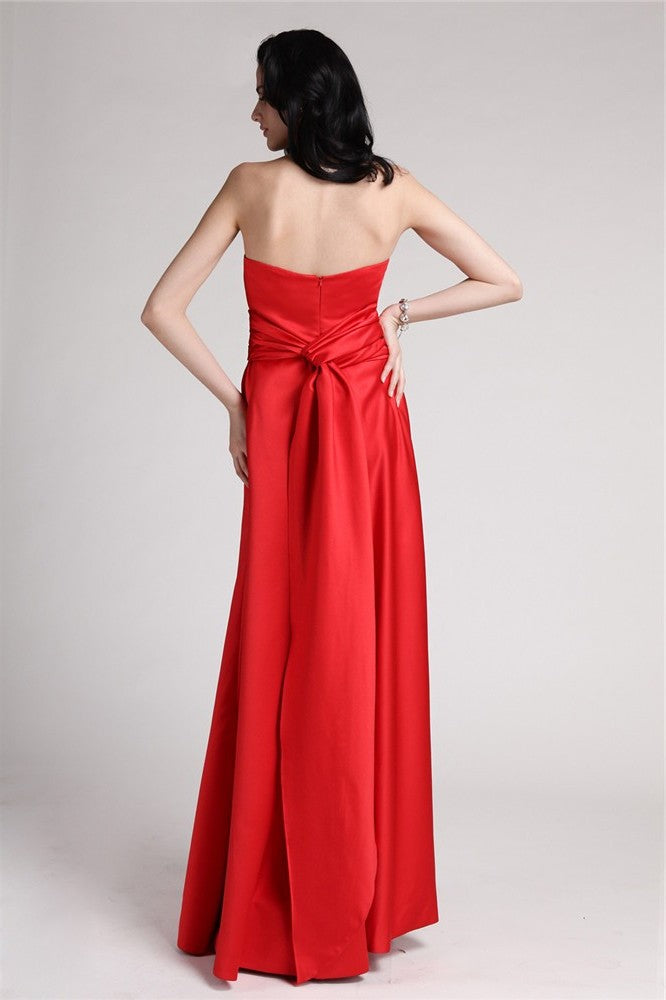 A-Line/Princess Strapless Sleeveless Pleats Long Elastic Woven Satin Bridesmaid Dresses DEP0005835