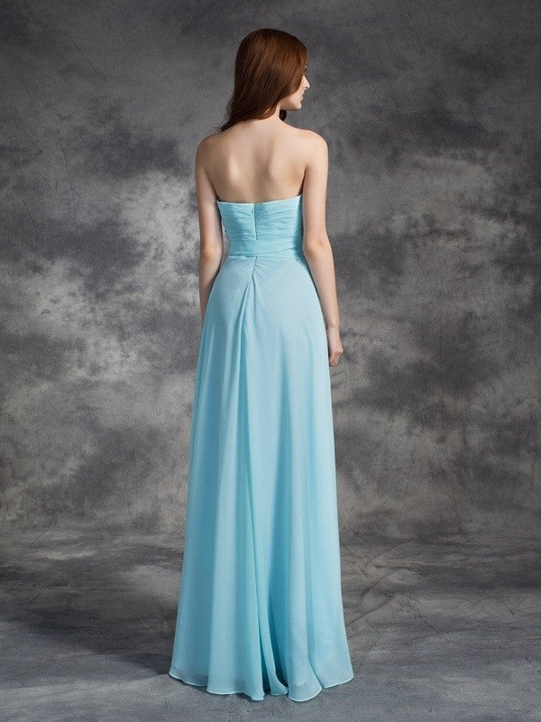 A-line/Princess Strapless Ruched Sleeveless Long Chiffon Bridesmaid Dresses DEP0005797