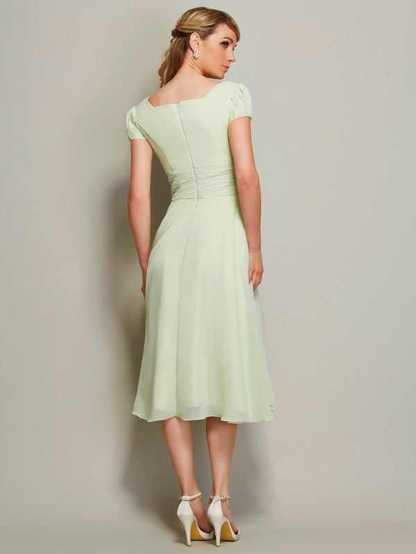 Sheath/Column Bateau Short Sleeves Ruffles Short Chiffon Bridesmaid Dresses DEP0005029