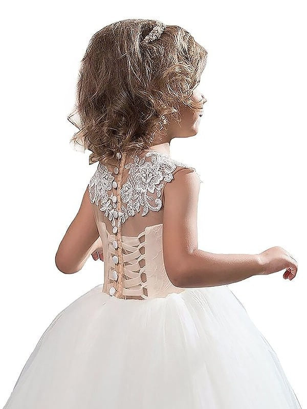 Ball Gown Scoop Sleeveless Applique Tulle Floor-Length Flower Girl Dresses DEP0007619