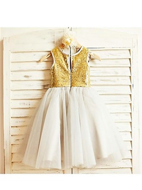 A-line/Princess Scoop Sleeveless Tea-Length Sequin Tulle Flower Girl Dresses DEP0007894