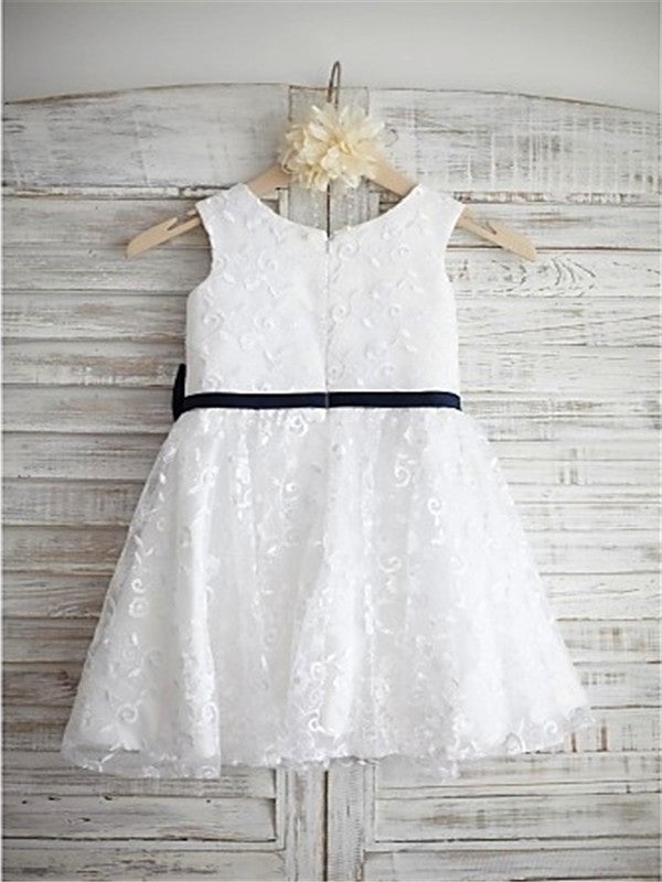 A-line/Princess Scoop Sleeveless Bowknot Tea-Length Lace Flower Girl Dresses DEP0007816