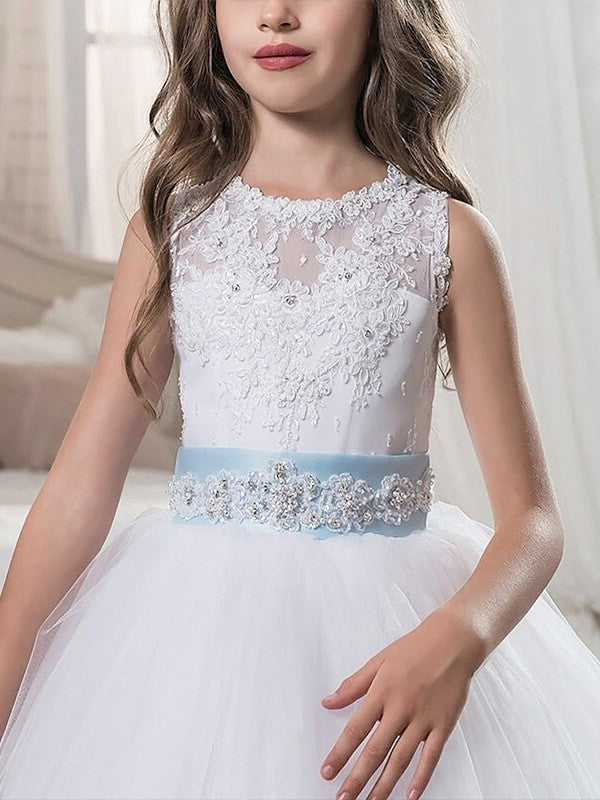 Ball Gown Scoop Sleeveless Applique Floor-Length Tulle Flower Girl Dresses DEP0007666