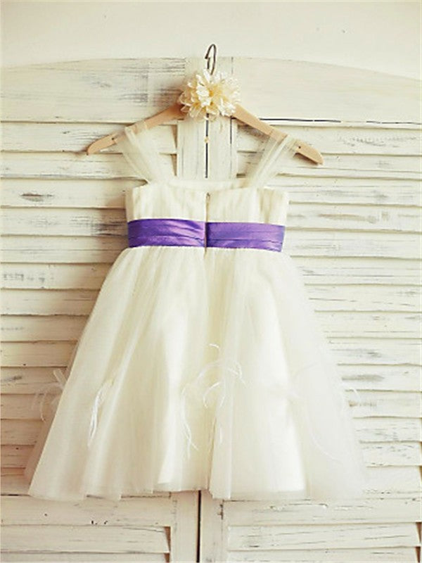 A-line/Princess Straps Sleeveless Ruffles Tea-Length Tulle Flower Girl Dresses DEP0007886