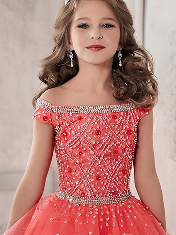 Ball Gown Off-the-Shoulder Sleeveless Beading Floor-Length Tulle Flower Girl Dresses DEP0007563