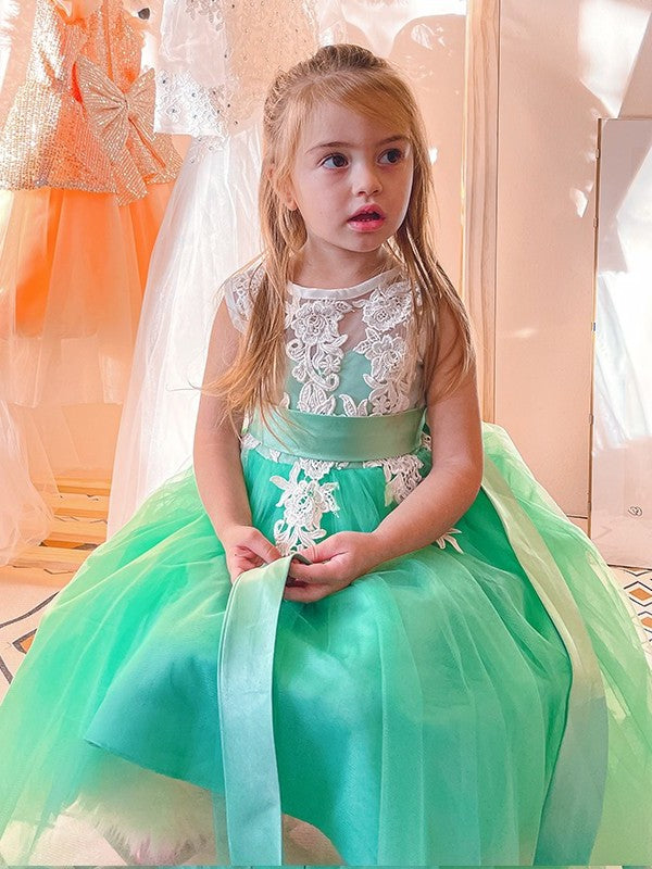 A-Line/Princess Tulle Applique Scoop Sleeveless Knee-Length Flower Girl Dresses DEP0009293