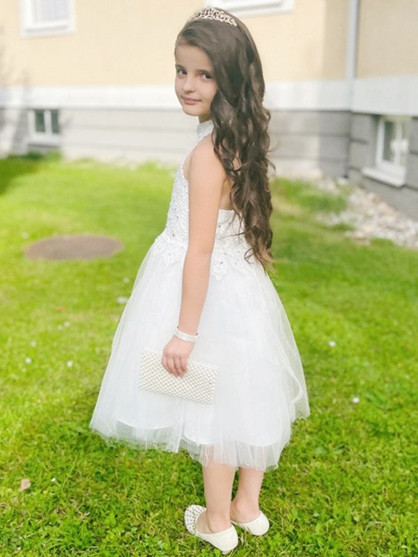 A-Line/Princess Tulle Lace Halter Sleeveless Knee-Length Flower Girl Dresses DEP0007550