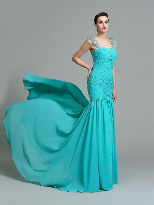 A-Line/Princess Straps Ruched Sleeveless Long Chiffon Dresses DEP0009208