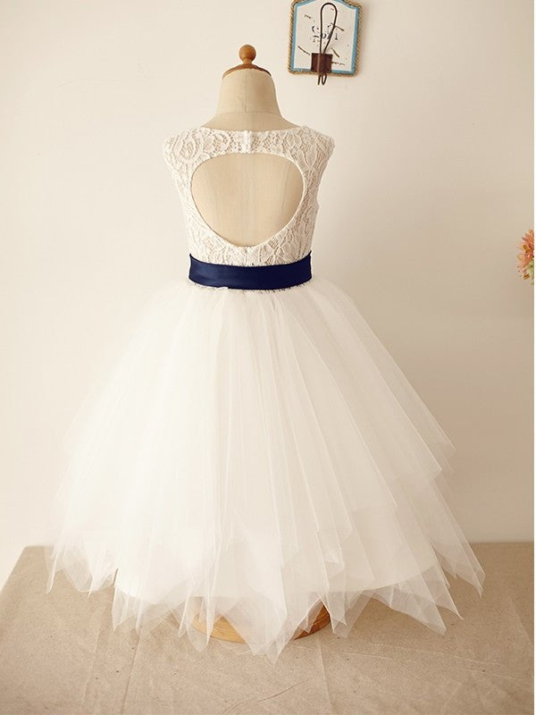 A-Line/Princess Tulle Sash/Ribbon/Belt Scoop Sleeveless Tea-Length Flower Girl Dresses DEP0007803