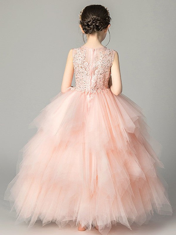 A-Line/Princess Tulle Applique Scoop Sleeveless Floor-Length Flower Girl Dresses DEP0007507