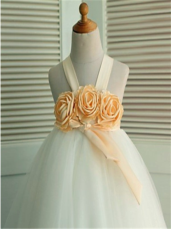 Ball Gown Sleeveless Straps Hand-made Flower Tea-Length Tulle Flower Girl Dresses DEP0007717