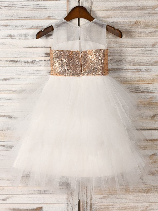 A-Line/Princess Tulle Paillette Scoop Sleeveless Tea-Length Flower Girl Dresses DEP0007530