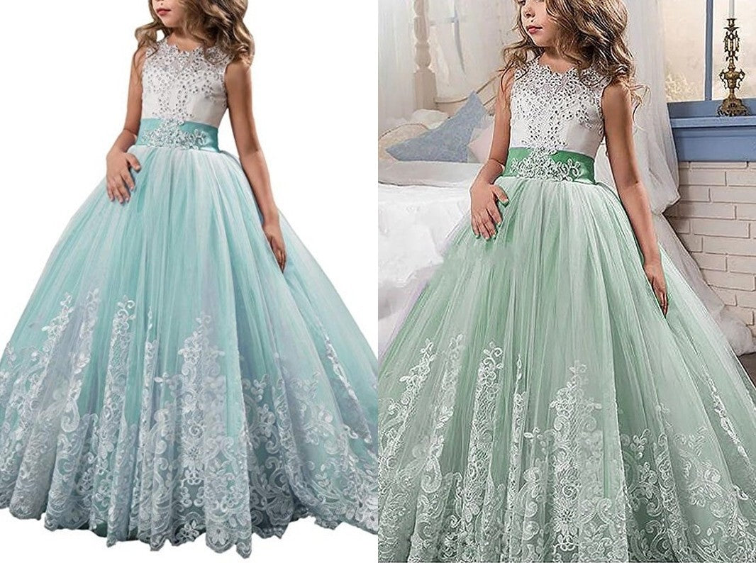 Ball Gown Jewel Sleeveless Lace Sweep/Brush Train Tulle Flower Girl Dresses DEP0007567