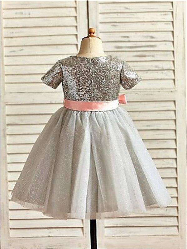 A-line/Princess Scoop Short Sleeves Sequin Tea-Length Tulle Flower Girl Dresses DEP0007726