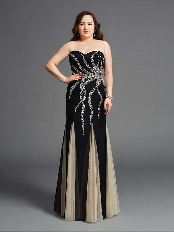 Sheath/Column Sweetheart Beading Sleeveless Long Chiffon Plus Size Dresses DEP0003215