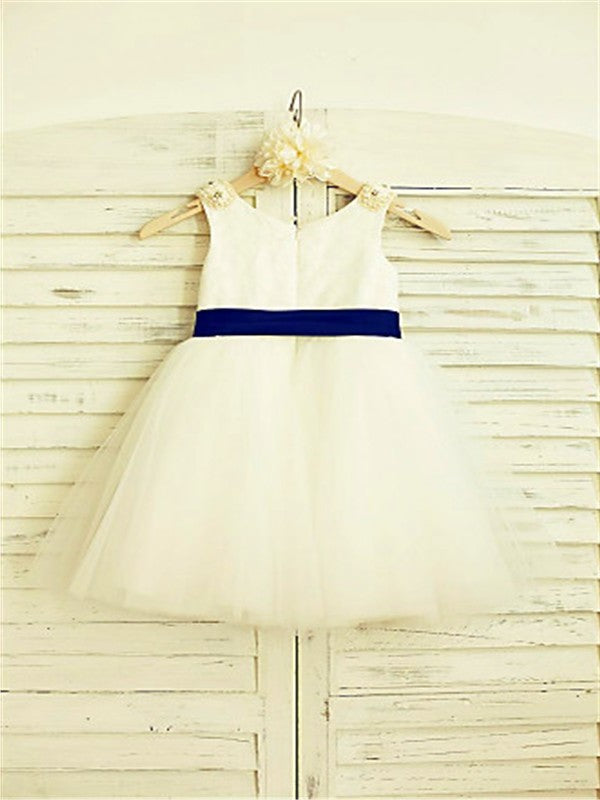 A-line/Princess Scoop Sleeveless Bowknot Tea-Length Tulle Flower Girl Dresses DEP0007905