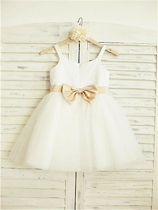 A-line/Princess Spaghetti Straps Sleeveless Bowknot Knee-Length Tulle Flower Girl Dresses DEP0007742