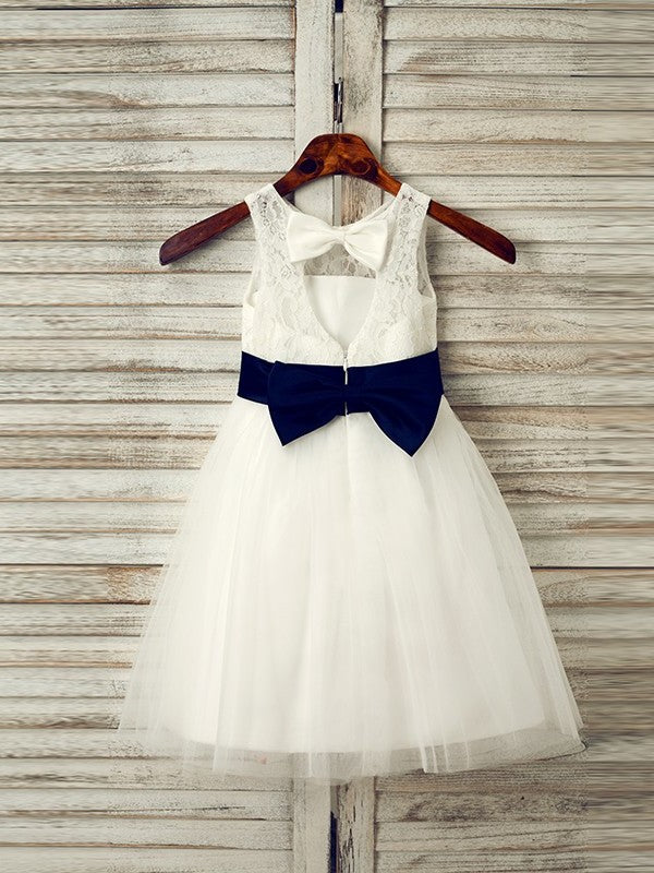 A-Line/Princess Tulle Bowknot Scoop Sleeveless Tea-Length Flower Girl Dresses DEP0007519