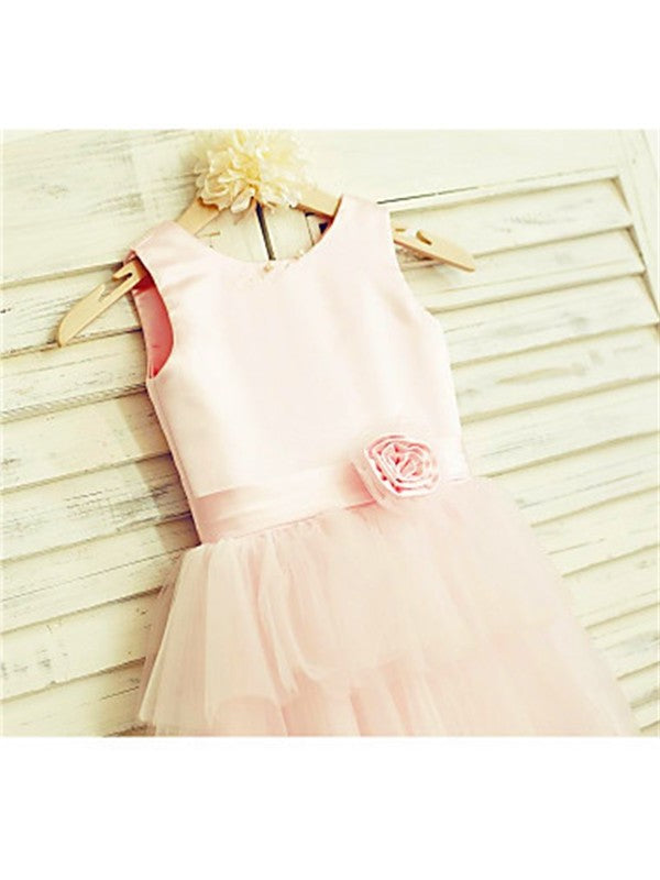 A-line/Princess Scoop Sleeveless Hand-made Flower Tea-Length Tulle Flower Girl Dresses DEP0007848