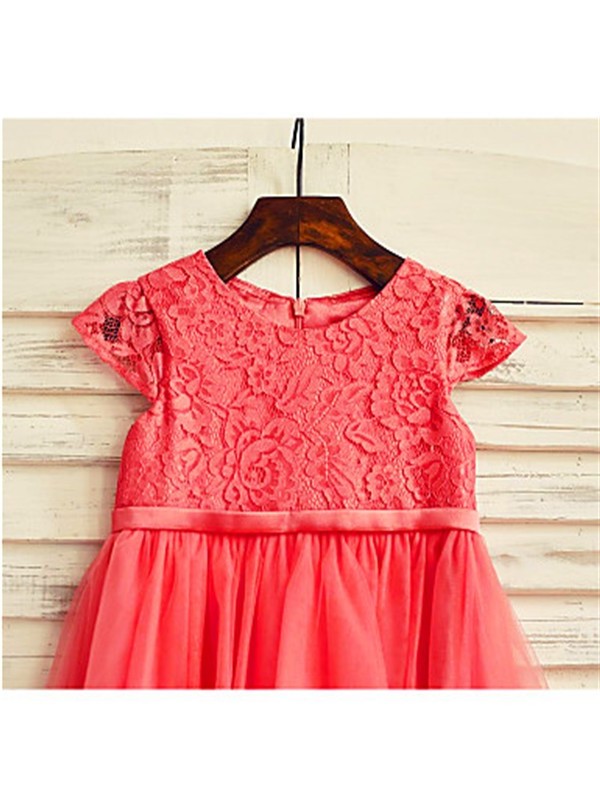 A-line/Princess Scoop Short Sleeves Lace Tea-Length Tulle Flower Girl Dresses DEP0007881