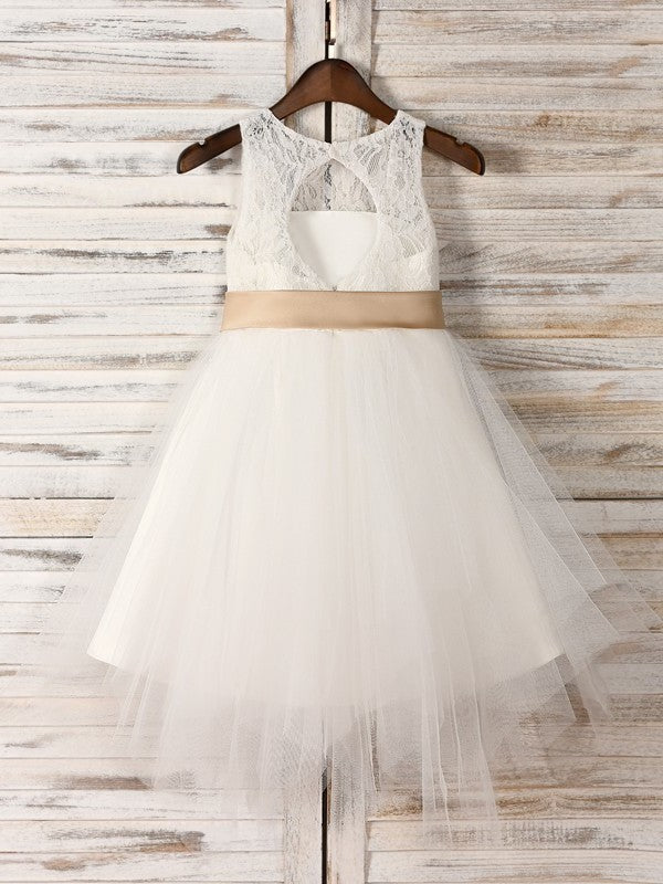 A-Line/Princess Tulle Sash/Ribbon/Belt Scoop Sleeveless Tea-Length Flower Girl Dresses DEP0007525