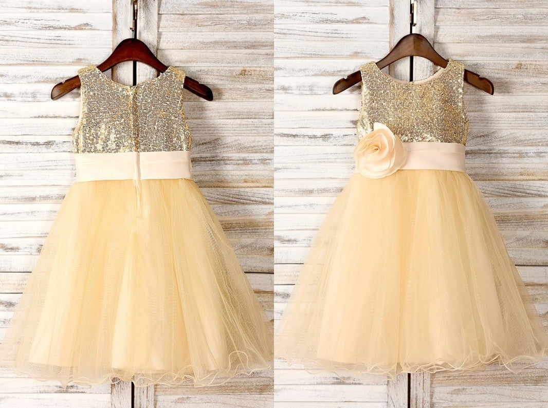 A-Line/Princess Tulle Hand-Made Flower Scoop Sleeveless Tea-Length Flower Girl Dresses DEP0007529