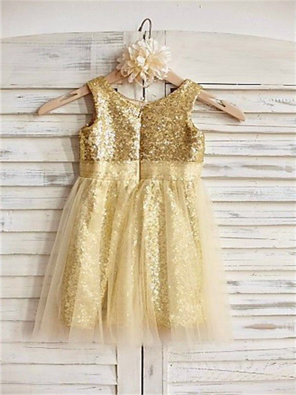 A-line/Princess Scoop Sleeveless Ruffles Tea-Length Sequins Flower Girl Dresses DEP0007837