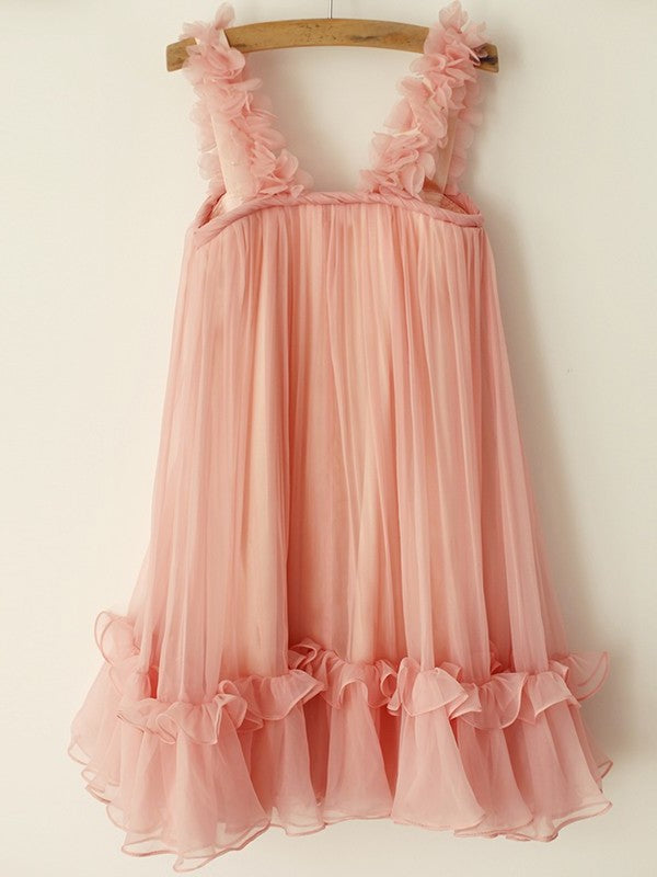 A-Line/Princess Straps Chiffon Hand-Made Flower Sleeveless Knee-Length Flower Girl Dresses DEP0007872