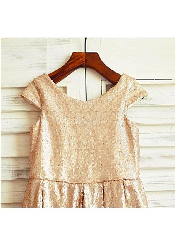 A-line/Princess Scoop Short Sleeves Tea-Length Sequins Flower Girl Dresses DEP0007693