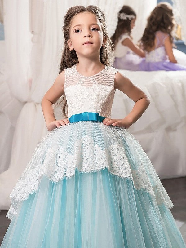 Ball Gown Jewel Sleeveless Sash/Ribbon/Belt Floor-Length Tulle Flower Girl Dresses DEP0007648