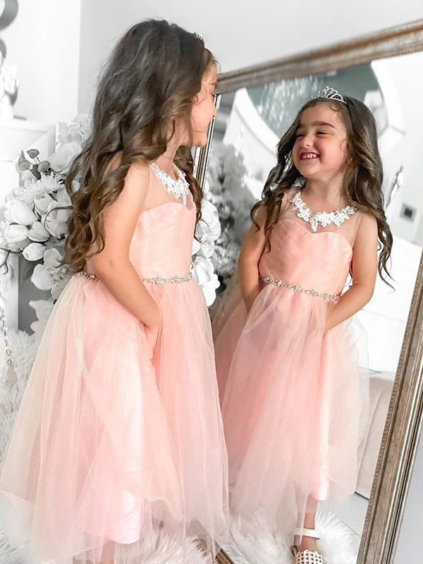 A-Line/Princess Tulle Beading Scoop Sleeveless Tea-Length Flower Girl Dresses DEP0007469