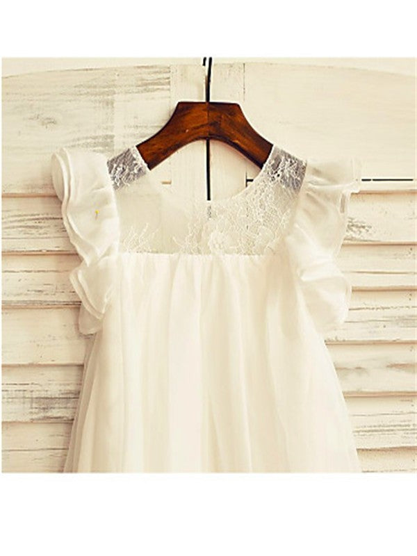 A-line/Princess Scoop Short Sleeves Lace Tea-Length Chiffon Flower Girl Dresses DEP0007691