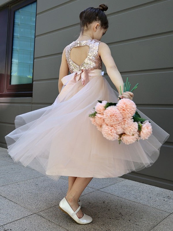 A-Line/Princess Tulle Bowknot Scoop Sleeveless Tea-Length Flower Girl Dresses DEP0007463