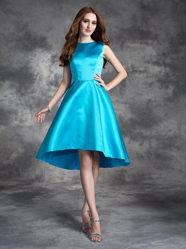 A-line/Princess Bateau Ruffles Sleeveless High Low Satin Bridesmaid Dresses DEP0009303