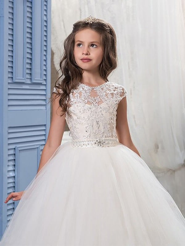 Ball Gown Scoop Sleeveless Beading Floor-Length Tulle Flower Girl Dresses DEP0007686