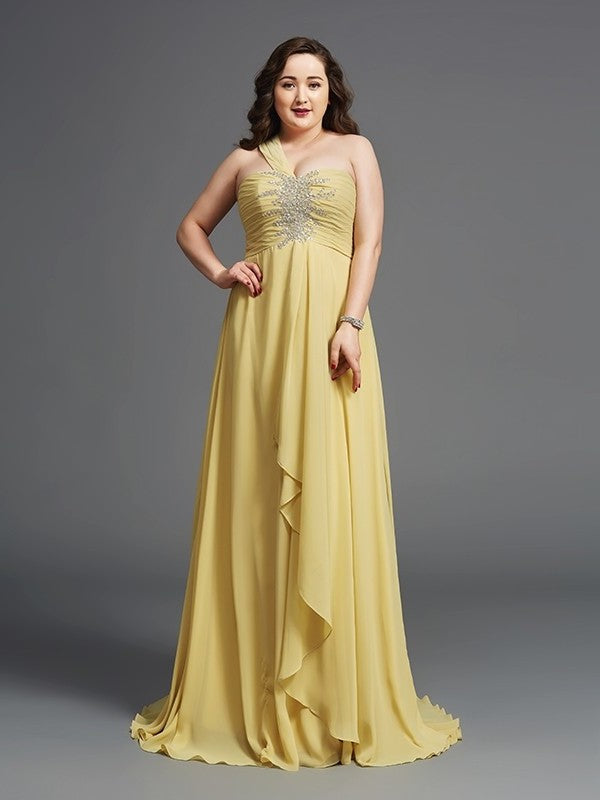 A-Line/Princess One-Shoulder Rhinestone Sleeveless Long Chiffon Plus Size Dresses DEP0003729