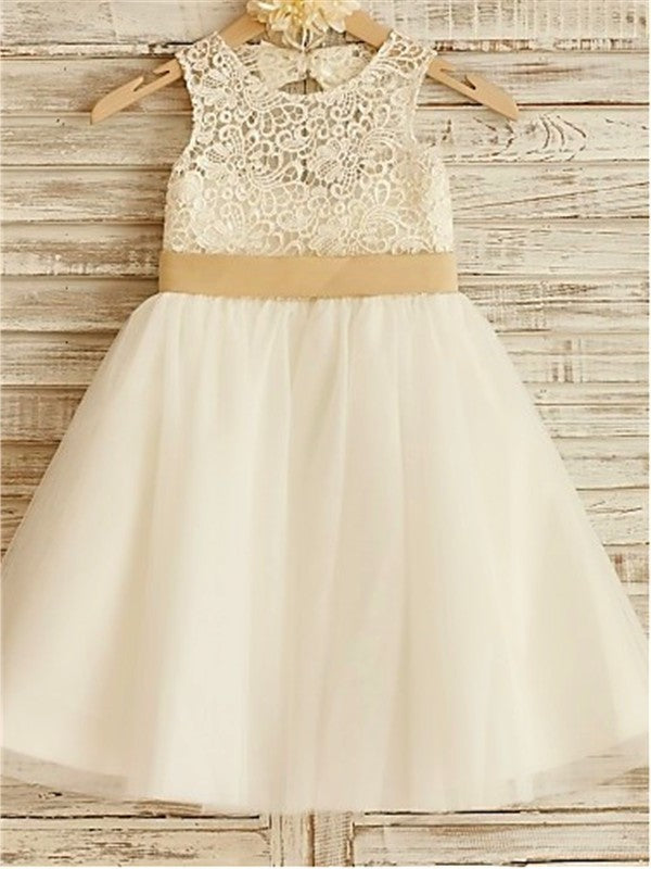 A-line/Princess Sleeveless Bowknot Scoop Knee-Length Tulle Flower Girl Dresses DEP0007541